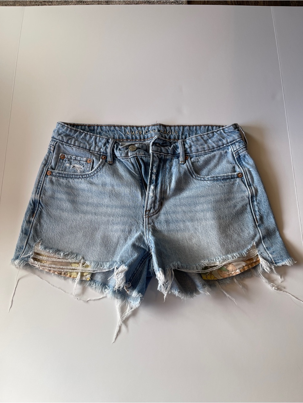 American Eagle Outfitters Light Blue Frayed Denim Jean Shorts with Patch Detail